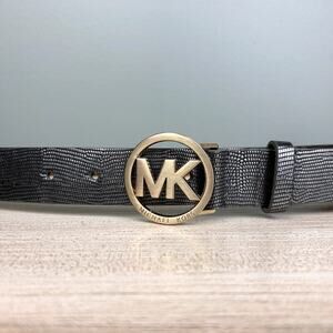Michael Kors Logo Belt Leather Faux Croc Reptile Gray Metallic Gold Tone Buckle